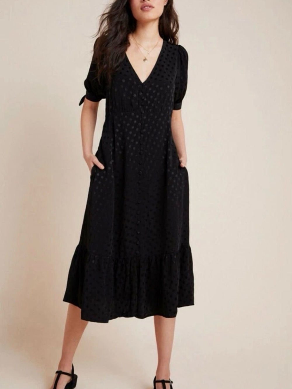 Anthropologie Maeve Black Polka Dot Midi Dress Sz 6